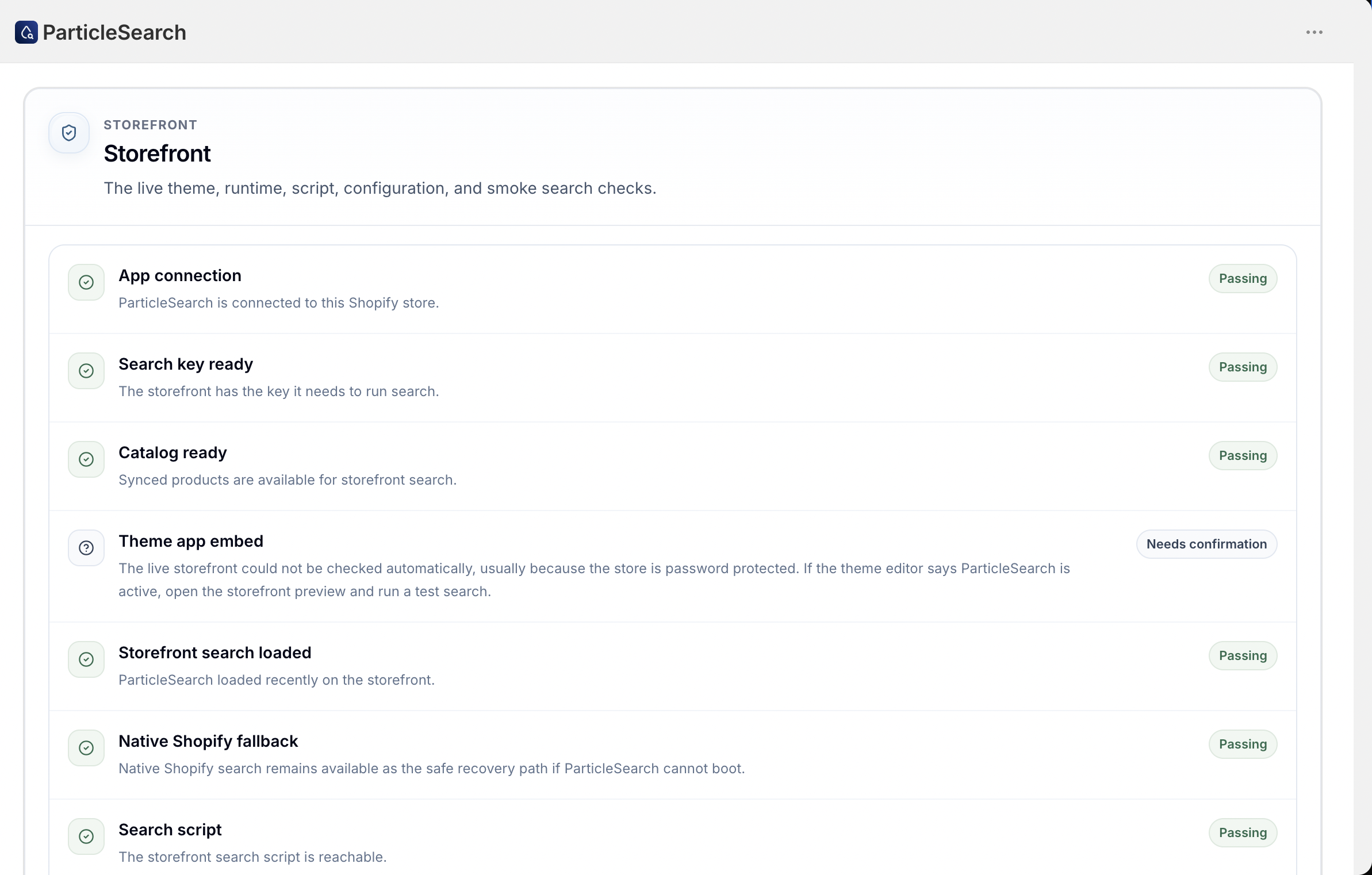 ParticleSearch storefront health checks showing app connection, search key, catalog, theme embed, script, and fallback status